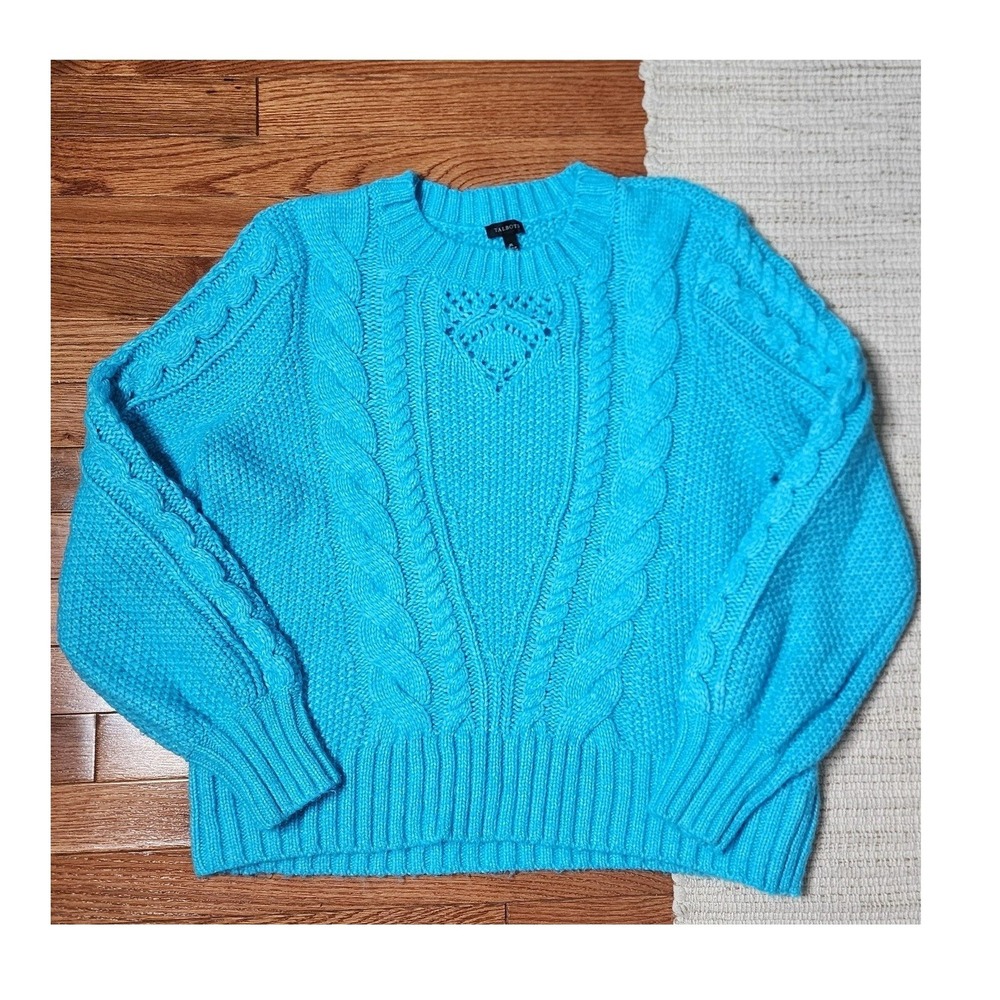 Talbots Cable Knit Sweater XL Wool Blend Turquoise Blue Crew Pullover Chunky